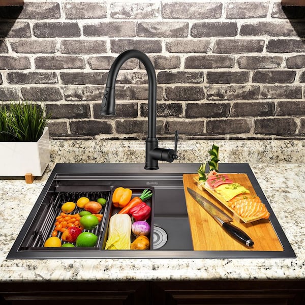 All-in-One Matte Black Stainless Steel 33 in. x 22 in. Single Bowl Drop-in Kitchen Sink with Pull-down Faucet