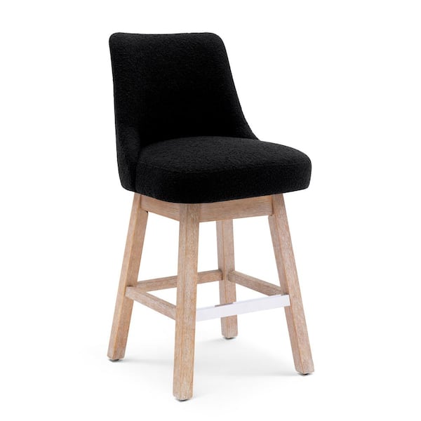 26 in. Stain Resistant Boucle Upholstered Counter Height Wood Frame Swivel Bar Stool in Black