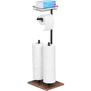 Free Standing Black Toilet Paper Holder Stand with Storage Shelf, Wood Base