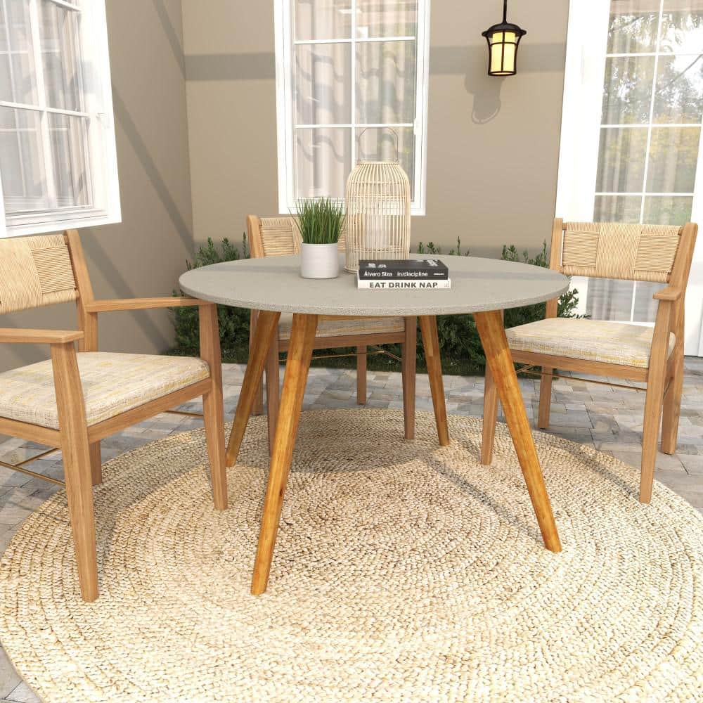 Gray Polycement Top Round Outdoor Dining Table with Acacia Wood Legs