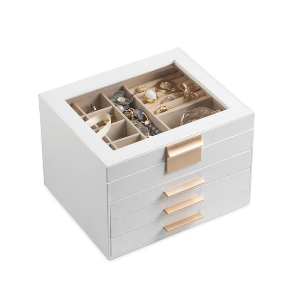 Unbranded Modern Square White Faux Leather Jewelry Box with Clear Lid, 4-Layer Jewelry Organizer with 3-Drawers