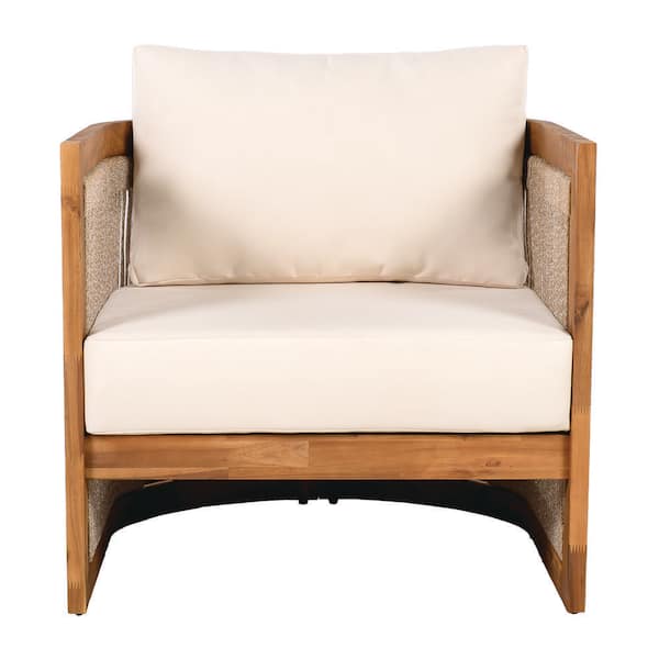 Teak Curved Rope Accent Acacia Wood Outdoor Lounge Chair with Beige Cushions