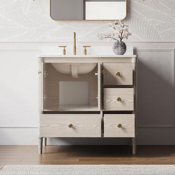 ETHAN 36 in. W x 22 in. D x 35 in. H Single Sink Freestanding Solid Wood Bath Vanity in OAK with Quartz Top