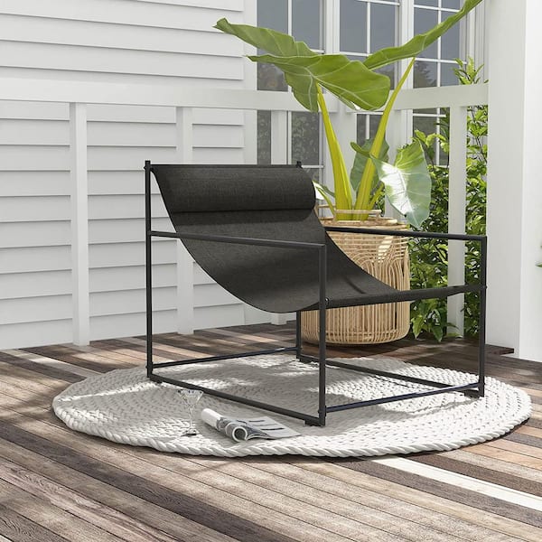 Patio Sling Chair Steel Frame Outdoor Lounge Chair in Black Olefin Fabric