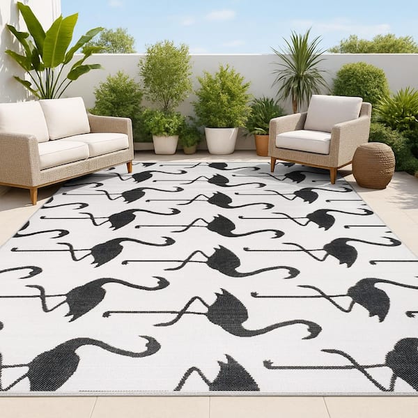 Liana Casual Coastal Flamingos 2-Tone White/Black 8 ft. x 10 ft. Indoor/Outdoor Area Rug