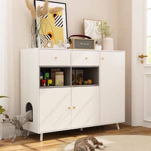 Indoor Cat Litter Box Enclosure with 2-Drawers, Wooden Cat Washroom Cabinet with Storage Shelf, Decorative Pet House