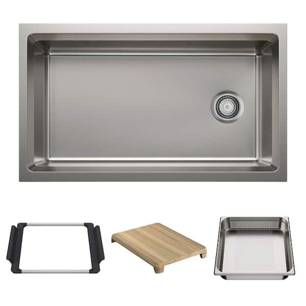 Inteos 33 in. Undermount Single Bowl 18 Gauge Satin Polish Stainless Steel Kitchen Sink With Colander and Cutting Board