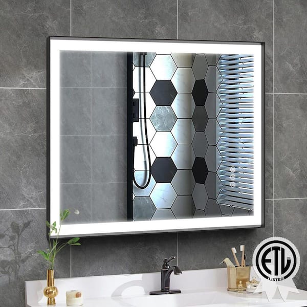 28 in.W x 36 in.H Rectangular Black Aluminum Framed Anti Fog LED Lighted Modern Wall Bathroom Vanity Mirror in Tempered