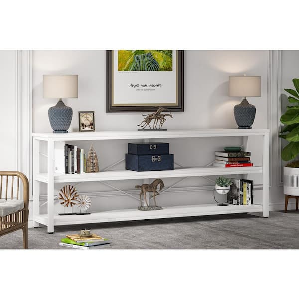 TRIBESIGNS WAY TO ORIGIN Eileen 70.9 in. Rectangle White Metal White Particle Board Wood Top Sofa Table with 3 Open Storage Shelves