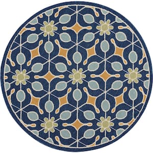 Caribbean Navy 4 ft. x 4 ft. Round Floral Contemporary Indoor/Outdoor Patio Area Rug