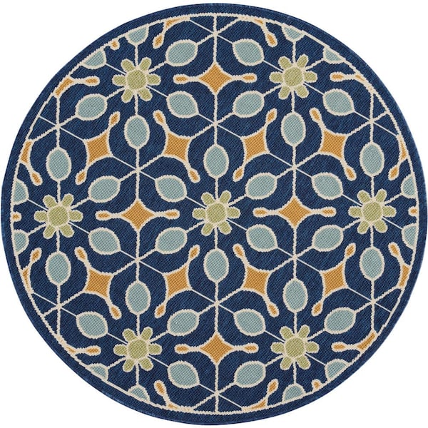Nourison Caribbean Navy 4 ft. x 4 ft. Round Floral Contemporary Indoor/Outdoor Patio Area Rug
