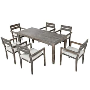 7-Piece Acacia Wood Outdoor Dining Table Set with Chairs and Beige Cushions for Patio, Balcony, Backyard in Gray