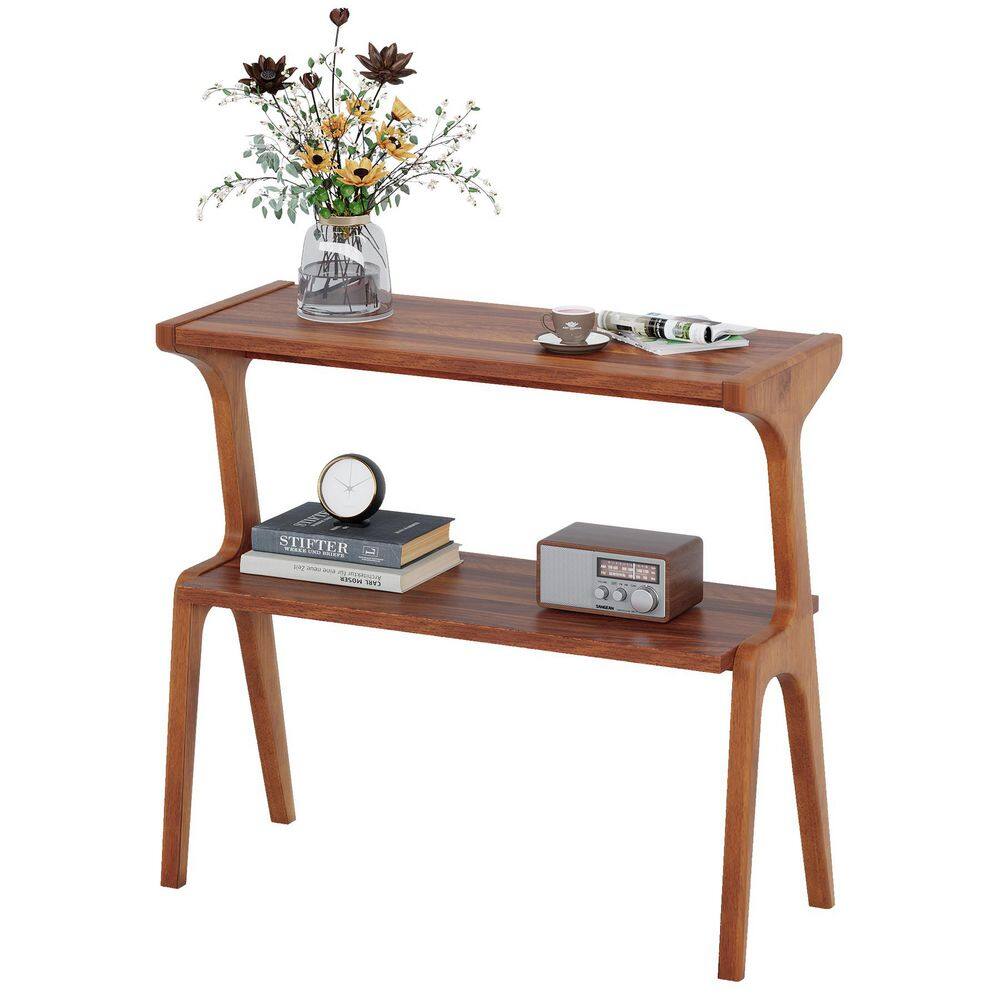 Kerlin 27.56 in. Walnut Rectangular Wood Sofa Side Table, 2-Tier End Table with Storage Shelf for Living Room, 1-Piece