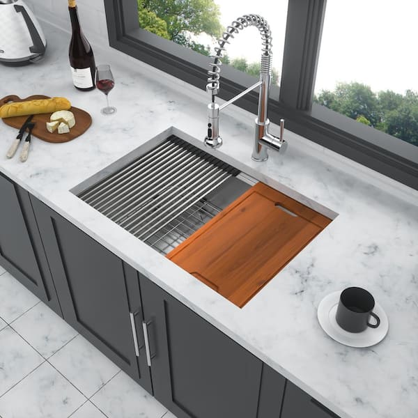 Unbranded 27 in. Undermount Single Bowl 16 Gauge Brushed Nickel Stainless Steel Kitchen Sink with Bottom Grids