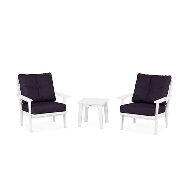 POLYWOOD Oxford 3-Pcs Plastic Patio Conversation Set in White/Navy Linen Cushions