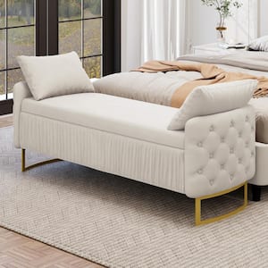 White 57.9 in. Button Tufted Armed Velvet Storage Bedroom Bench with Ruched Design and 2 Pillows