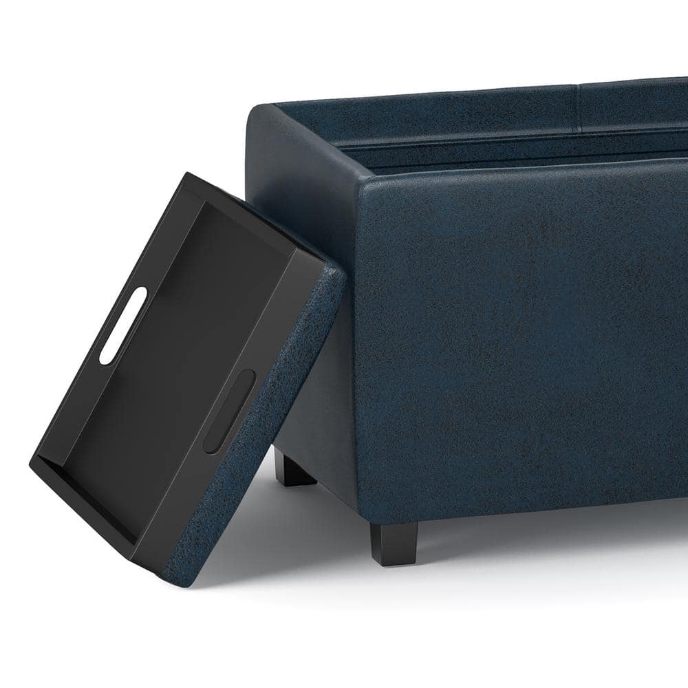Avalon Distressed Dark Blue Faux Leather Storage Ottoman with Trays
