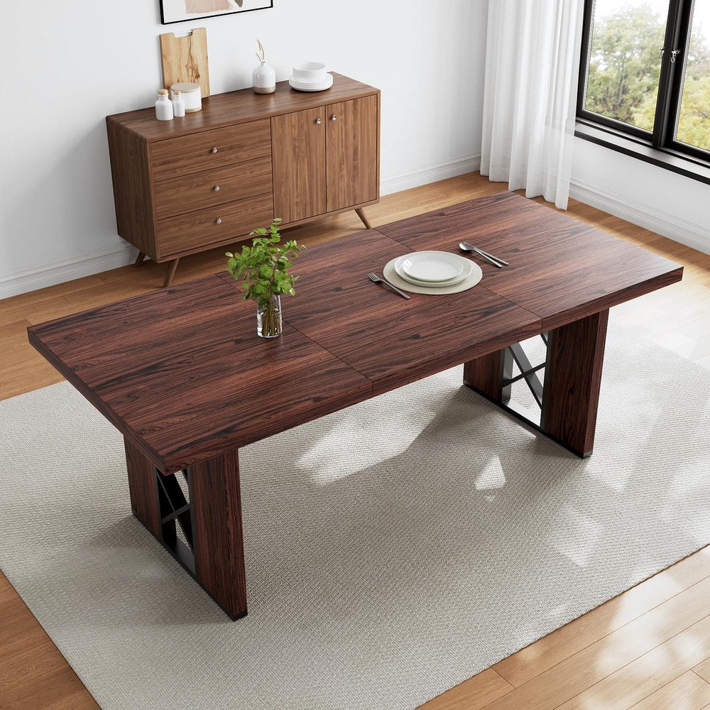 70.8 in. Farmhouse Walnut MDF Wooden Legs Dining Table Rectangular Kitchen Table for 4-6 People