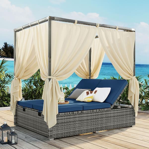 Zeus & Ruta Gray Wicker Outdoor Day Bed with Blue Cushions and Curtain for Patio Backyard