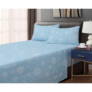 Snowflake 4-piece Blue Cotton Flannel Full Sheet Set