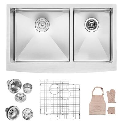 Boyel Living 16 Gauge Stainless Steel 33 In 60 40 Double Bowl Farmhouse Apron Kitchen Sink Sl Hla3321r2 64 The Home Depot