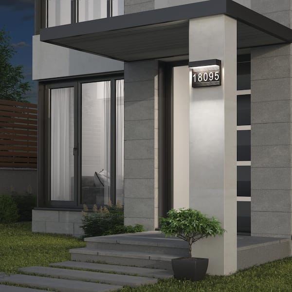 Headline Address Name Black Modern Integrated LED Exterior Hardwired Porch-Light Lantern Sconce