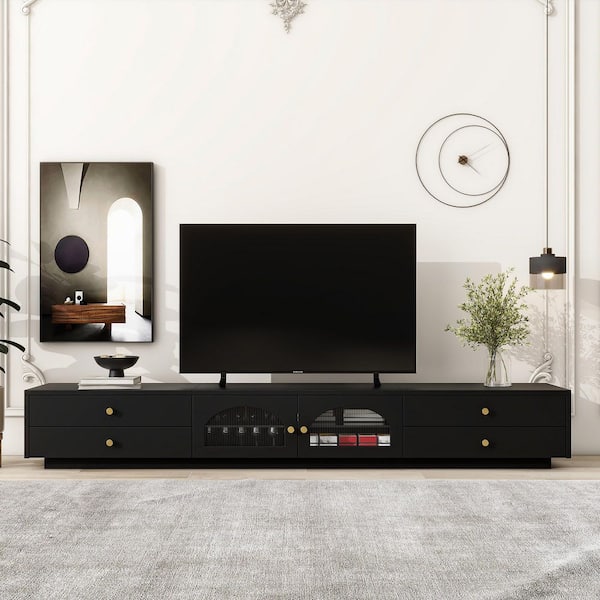 Polibi Black TV Stand Fits TV's up to 90 in. with Fluted Glass Doors, Media Console and Storage
