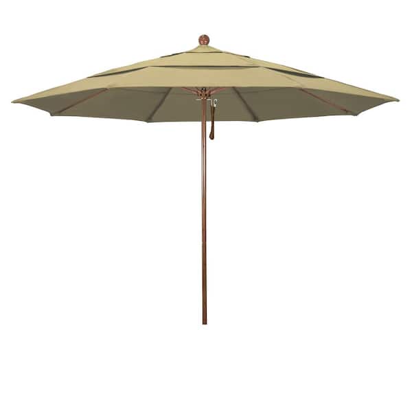 California Umbrella 11 ft. Woodgrain Aluminum Commercial Market Patio Umbrella Fiberglass Ribs and Pulley Lift in Champagne Olefin