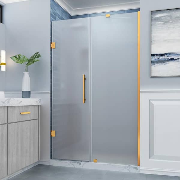 Aston Belmore 52.25 in. to 53.25 in. W x 72 in. H Frameless Pivot Shower Door Frosted Glass in Brushed Gold
