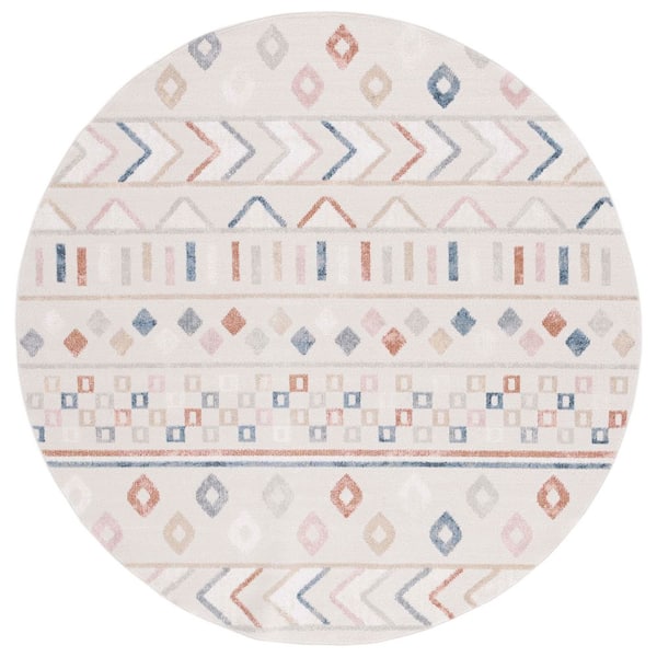 SAFAVIEH Blair Beige/Multi  7 ft. x 7 ft. Machine Washable Geometric Striped Chevron Round Area Rug