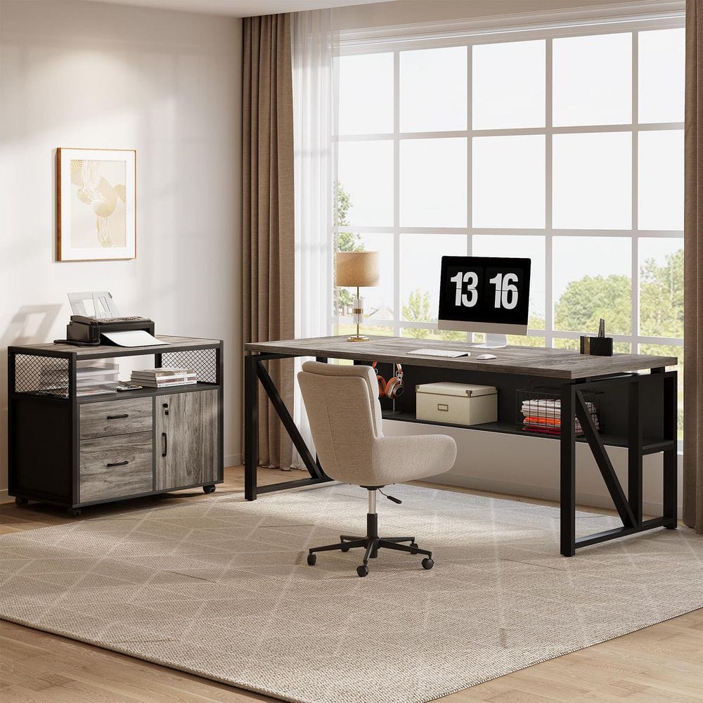 63 in. L-Shaped Gray and Black Executive Desk with Mobile File Cabinet and Drawers, Reversible Office Desk with Shelves