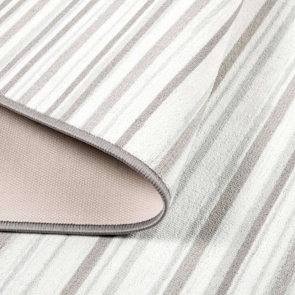 Layne Silver Gray Stripe Washable Synthetic Area Rug 6' x 9'