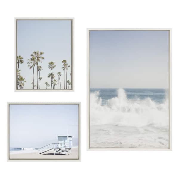 Kate and Laurel Waves Crashing, Palm Tree Paradise and Lifeguard Tower Framed Nature Canvas Wall Art Print 33 in. x 23 in. (Set of 2)