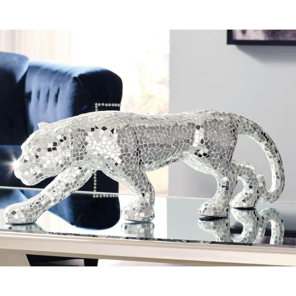 Exotic Silver Mosaic Glass Panther Sculpture