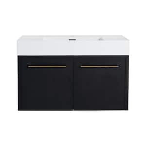 Victoria 35 in. W Wall-Mounted Modern Design Single Sink Bath Vanity with Ceramic Top in White and Cabinet in Black