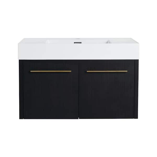 Victoria 35 in. W Wall-Mounted Modern Design Single Sink Bath Vanity with Ceramic Top in White and Cabinet in Black