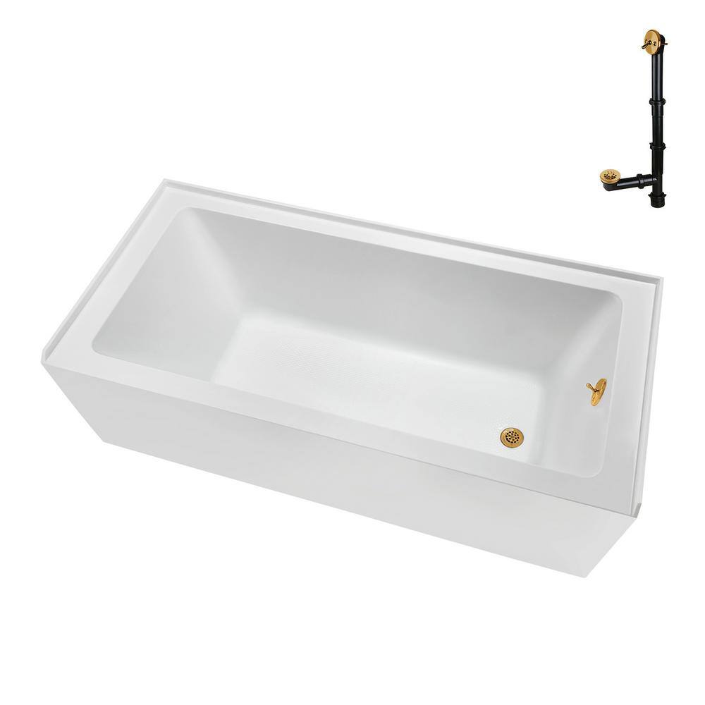 Glossy White Acrylic Alcove Bathtub with Brushed Gold Trim