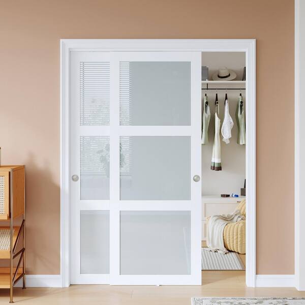 easelife 60 in. x 80 in. 3 Lites Frosted Glass Preassembled White MDF