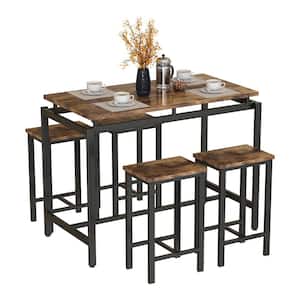 5 Pieces Industrial Rustic Brown Wood Top Bar Height Dining Table Set, Bar Table Set with Footrests and Metal Legs