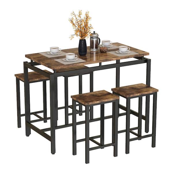 mieres 5 Pieces Industrial Rustic Brown Wood Top Bar Height Dining Table Set, Bar Table Set with Footrests and Metal Legs