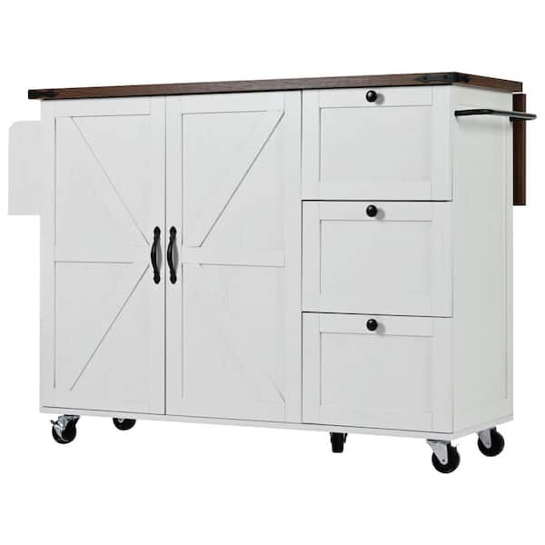 Runesay White Particle Board Wood 54.5 in. W Kitchen Island on Wheels with Power Outlet, Drop Leaf and Spice Rack