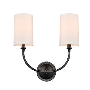 Giselle 2-Light Matte Black Wall Sconce with Off-White Cotton Fabric Shade