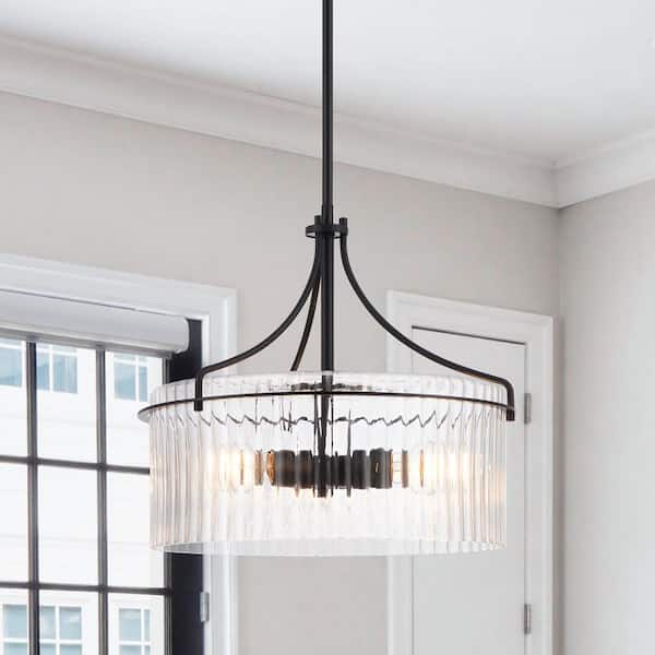3-Light Painted Black Dimmable Pendant Light Chandelier with Clear Ribbed Glass Shade