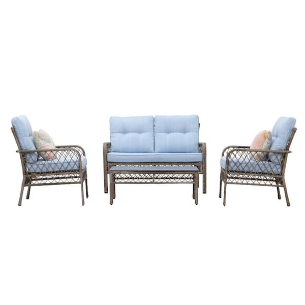 Unbranded Grey 4-Piece Wicker Outdoor Patio Conversation Set Group with Blue Cushions