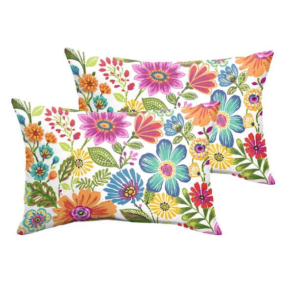 SORRA HOME Multi Floral Rectangular Outdoor Knife Edge Lumbar Pillows (2-Pack)