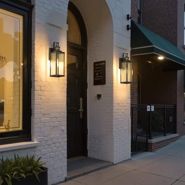 18 in. Matte Black Motion Sensor Outdoor Wall Lantern Sconce, Large Waterproof Wall Light for Porch Garage, 2-Pack