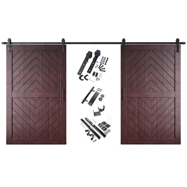 JT2 50 in. x 80 in. C-Panel Red Mahogany Fishbone Design Double Pine Wood Sliding Barn Door with Hardware Kit