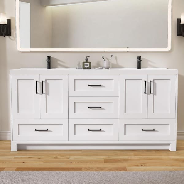 72 in. W x 22 in. D x 36 in. H Bathroom Vanity Double Sink Freestanding Large Bath Vanity in White with White Resin Top