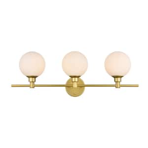Simply Living 28 in. 3-Light Modern Brass Vanity Light with Frosted White Round Shade