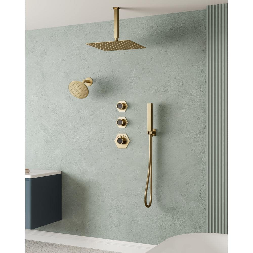 Brushed Gold Thermostatic Dual Showerhead System with Handheld Spray